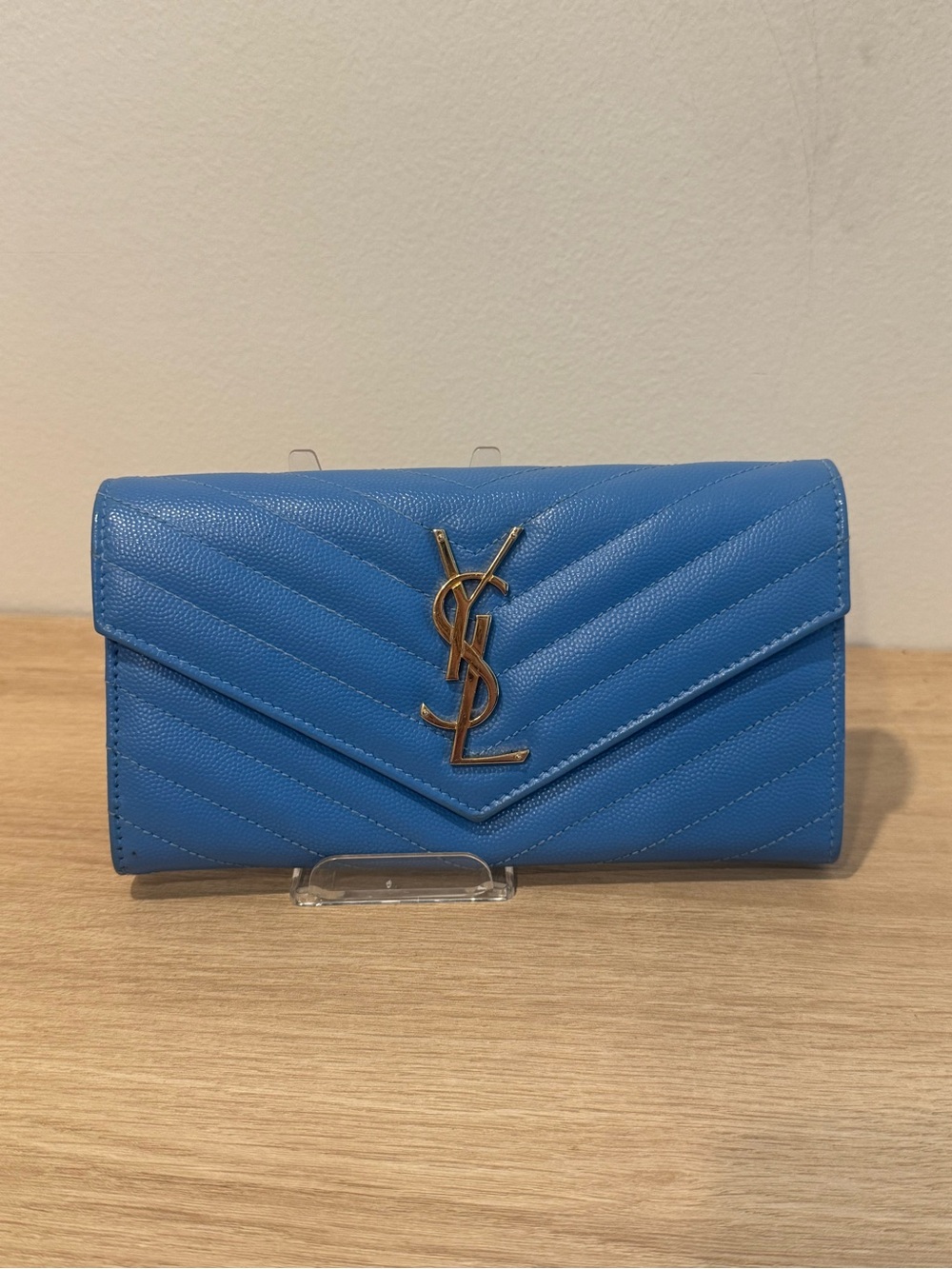 Saint Laurent Sky Blue Quilted Leather Envelope Wallet with Gold YSL